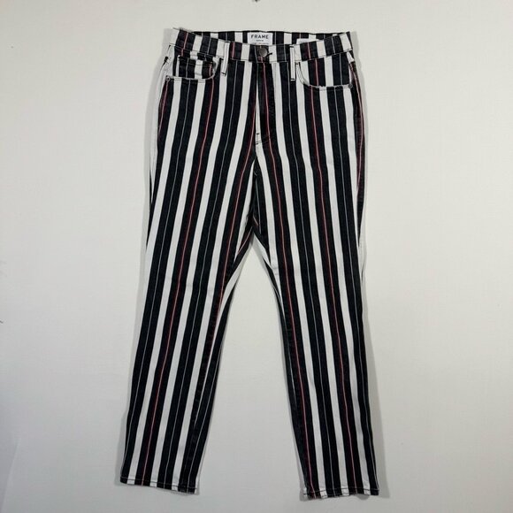 FRAME Le Sylvie Slender Straight Stripe Jeans 28 Black White Cherry Red Chic USA - Picture 3 of 15